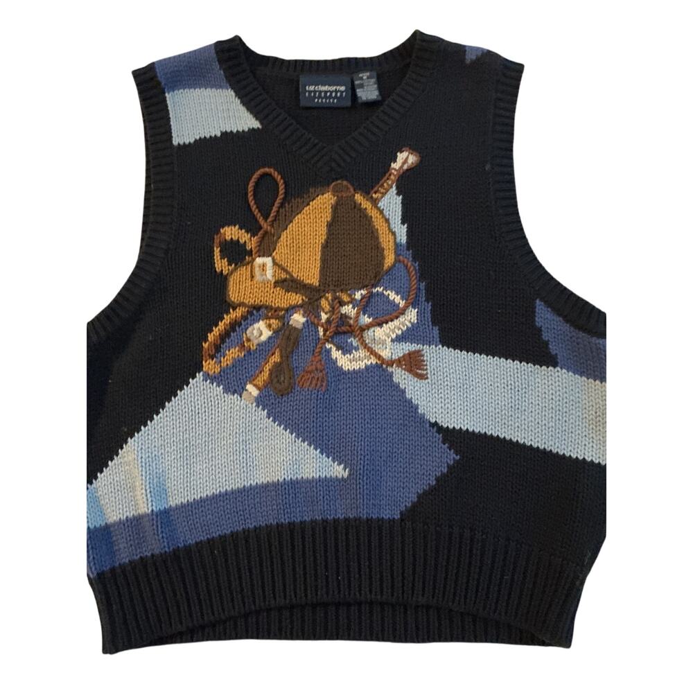 Vtg 90s Liz Claiborne Lizsport Equestrian Sweater Vest Large Petite Navy